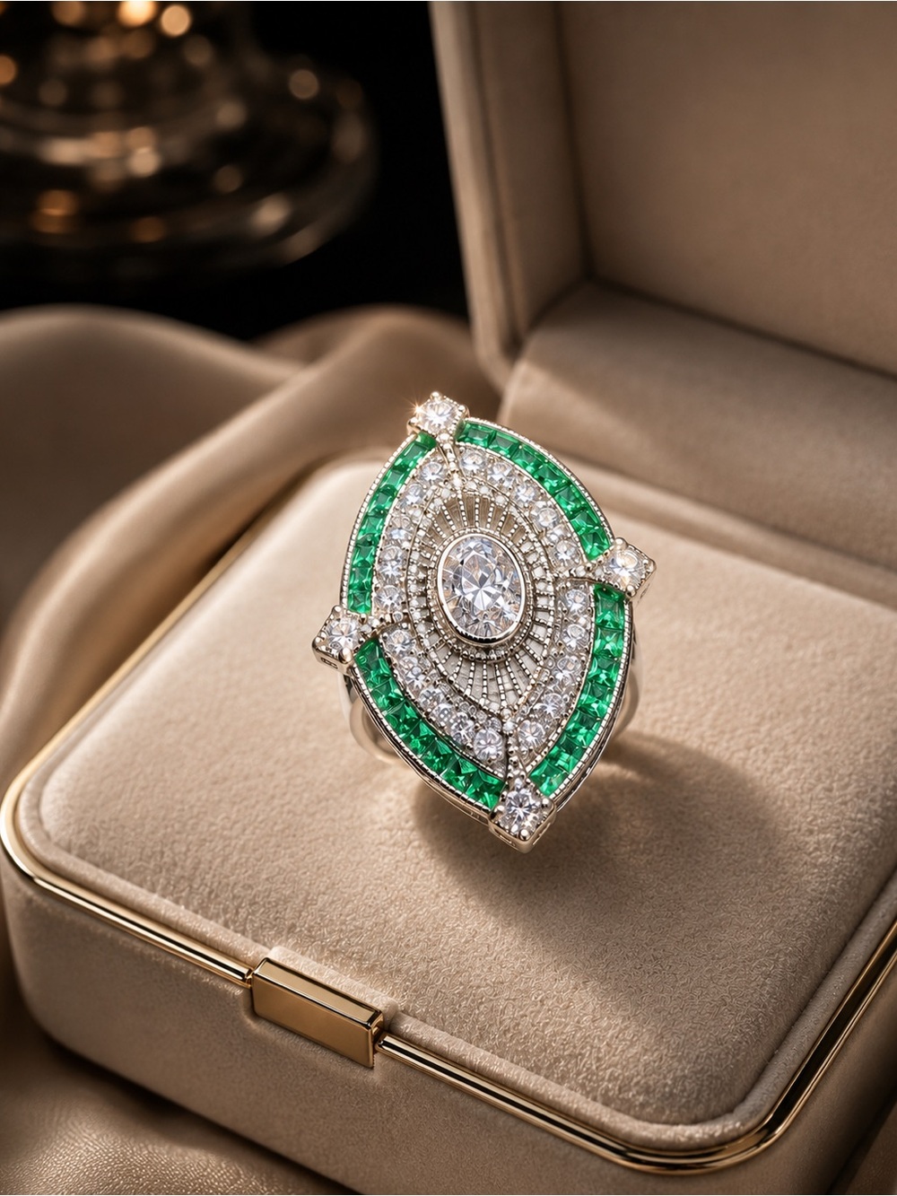 Emerald Green Statement Ring | Vintage Glam Crystal Cocktail Ring | Luxury